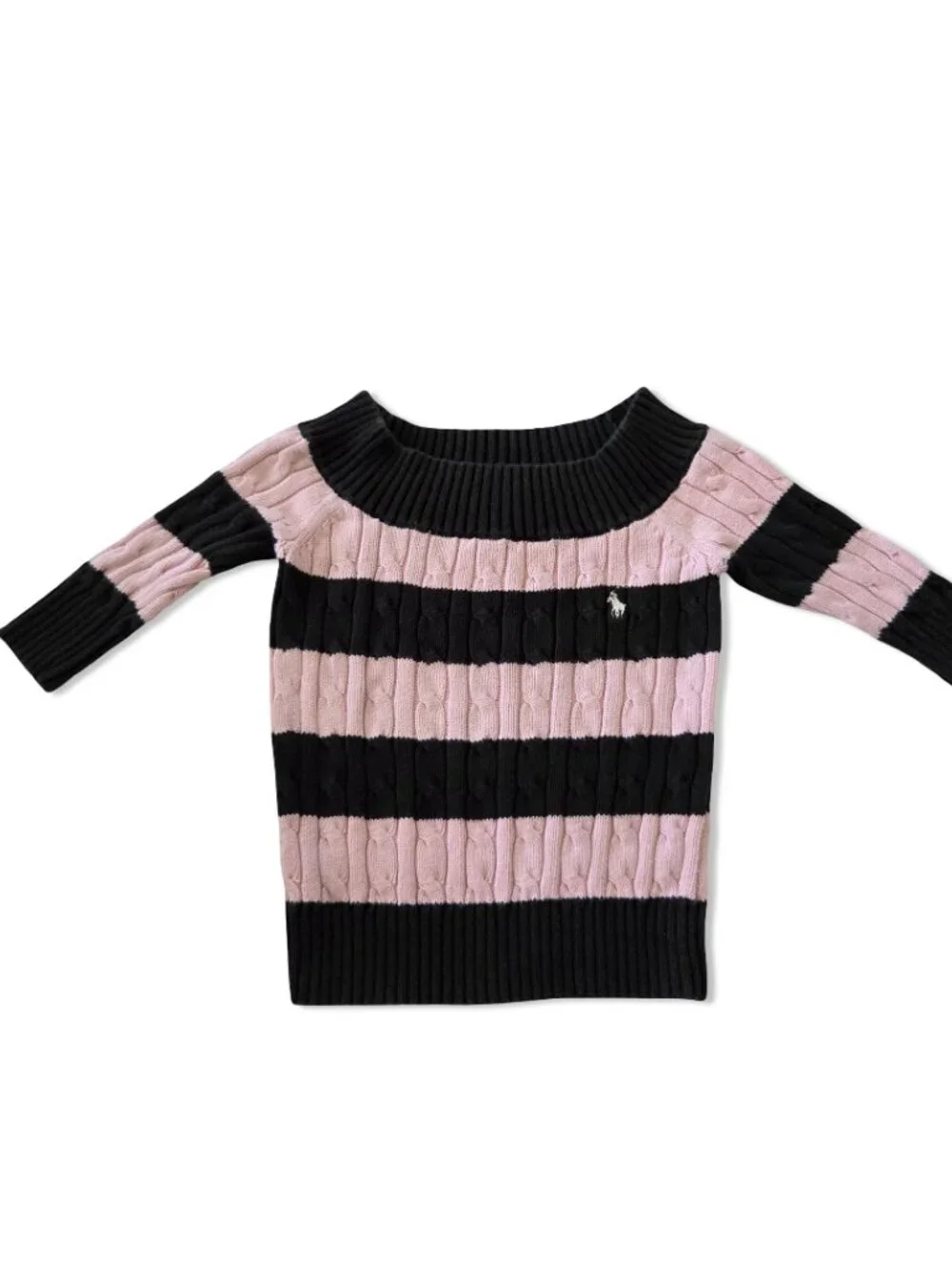 Ralph Lauren Girls Med Cable Knit Sweater Pink Black Stripe Cotton Cottagecore